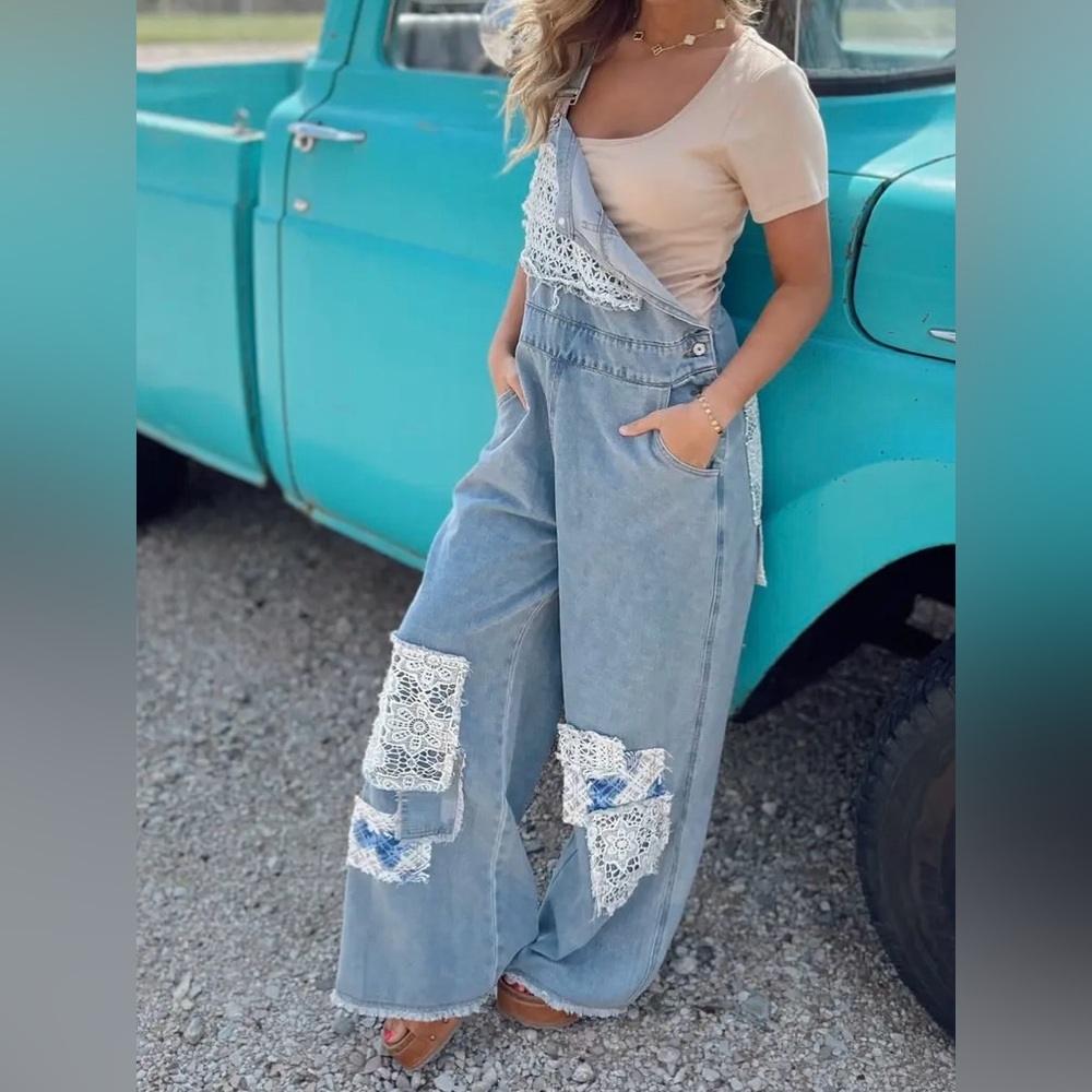 NWT POL Boho Patchwork Crochet Jean Denim Overalls - Picture 14 of 15